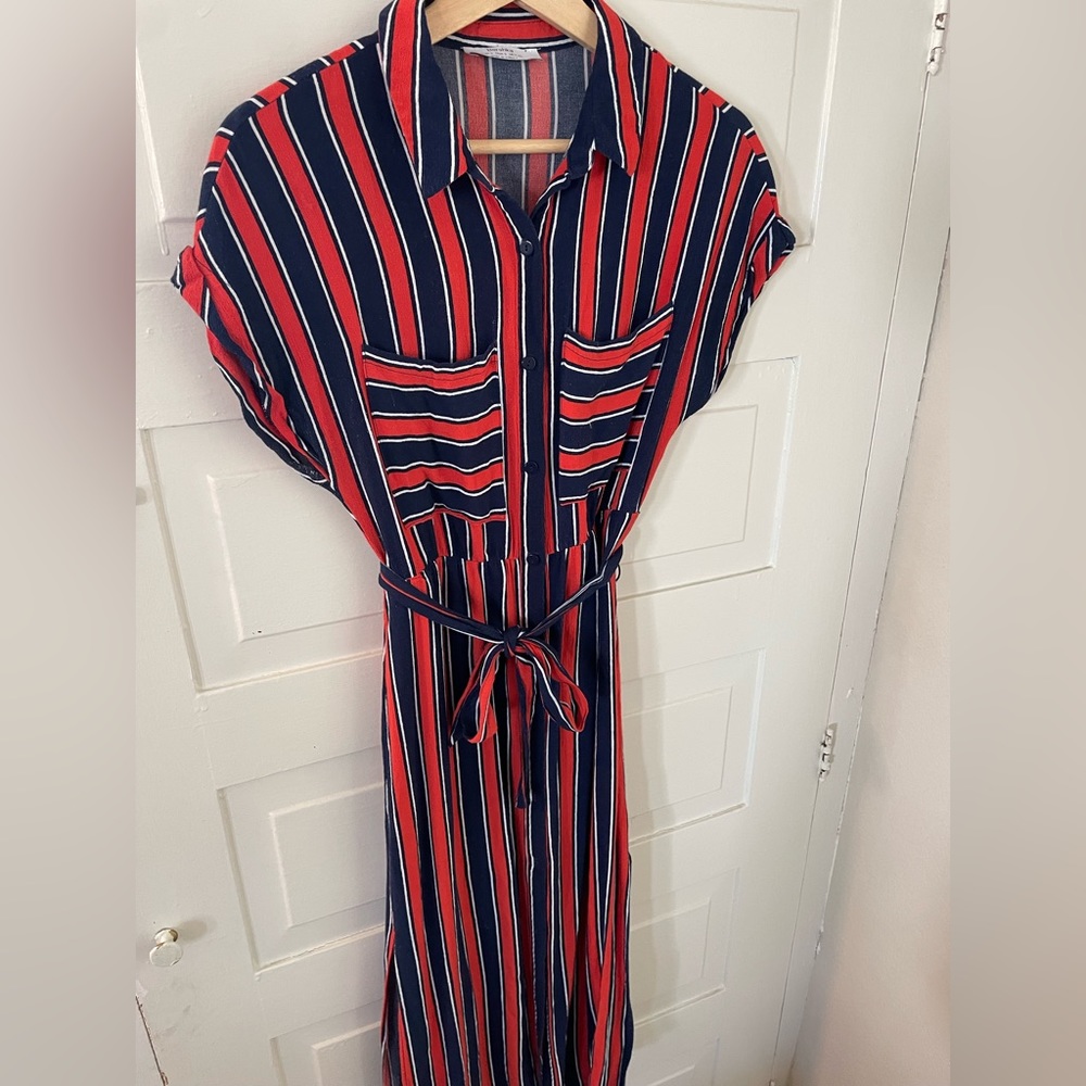 Red navy striped midi dress